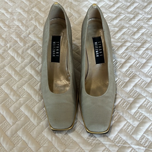 Stuart Weitzman, Sz 7, gold chunky heel taupe fabric, square toe, office siren - Picture 2 of 8